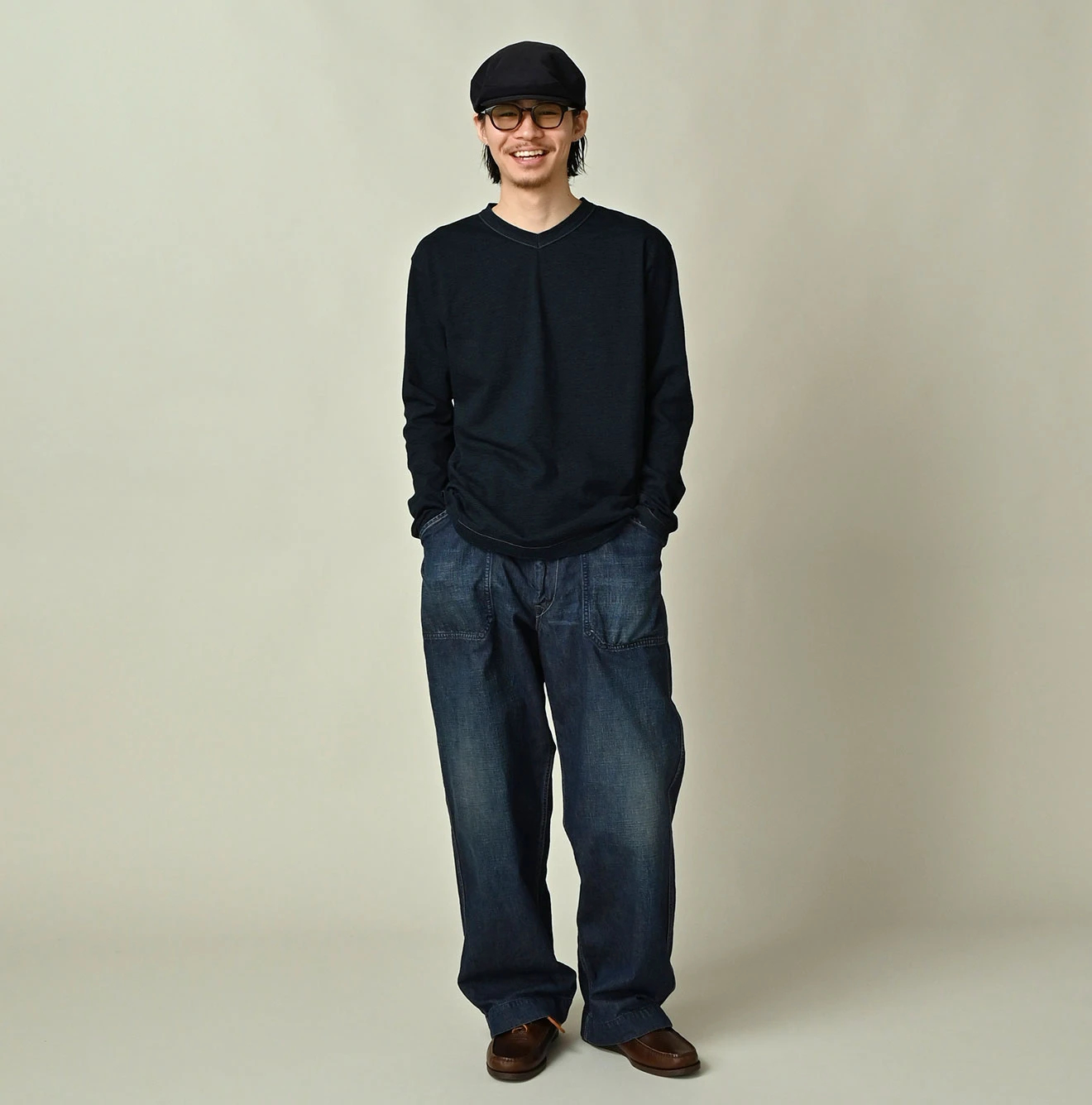 45R(フォーティファイブアール) |天竺の908浅VネックTシャツ（インディゴ）