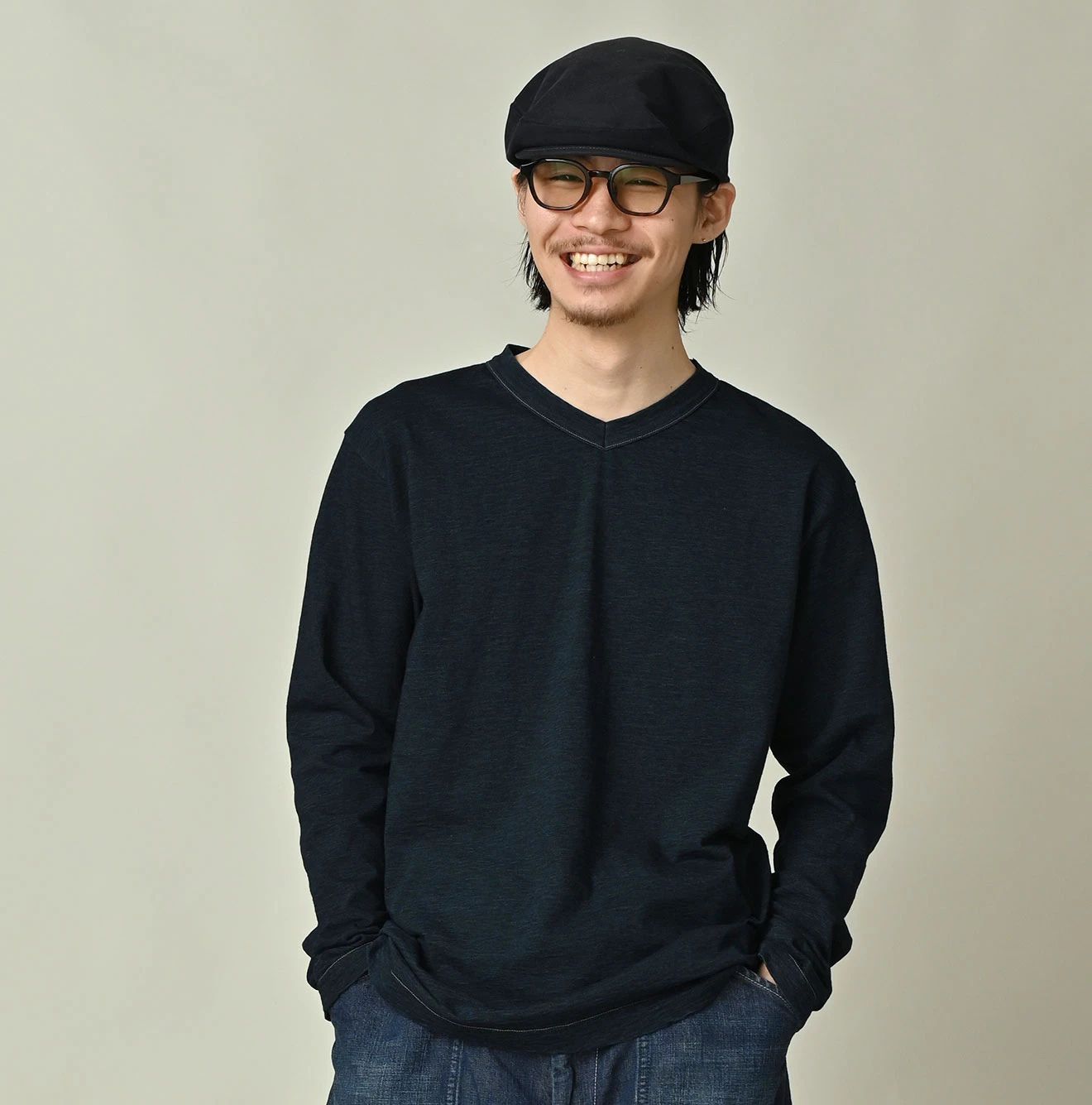 45R(フォーティファイブアール) |天竺の908浅VネックTシャツ（インディゴ）