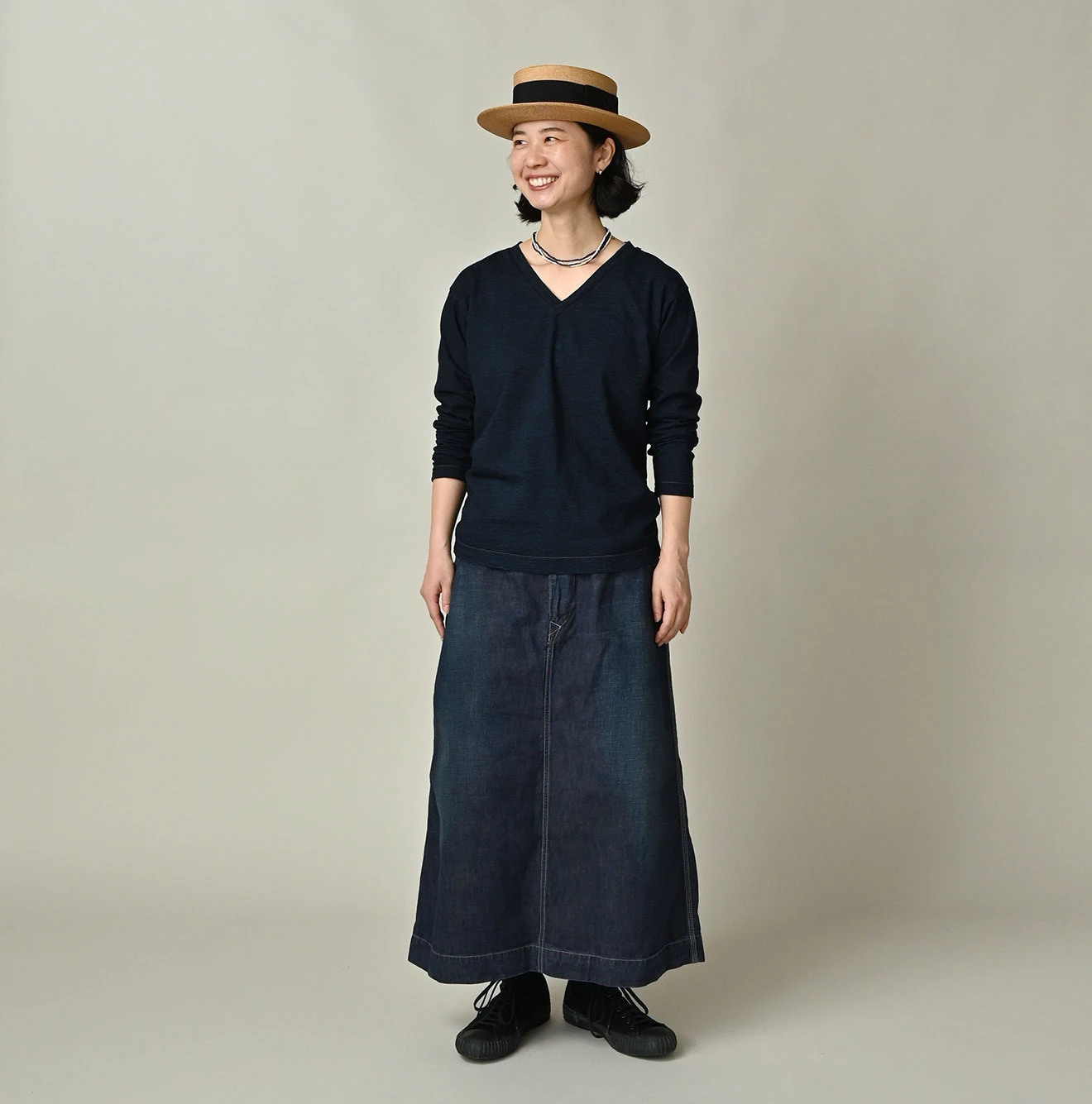 未使用に近い！45R天竺の908浅VネックTシャツ（インディゴ） 45R（フォーティファイブアール）| 天竺の908深VネックTシャツ