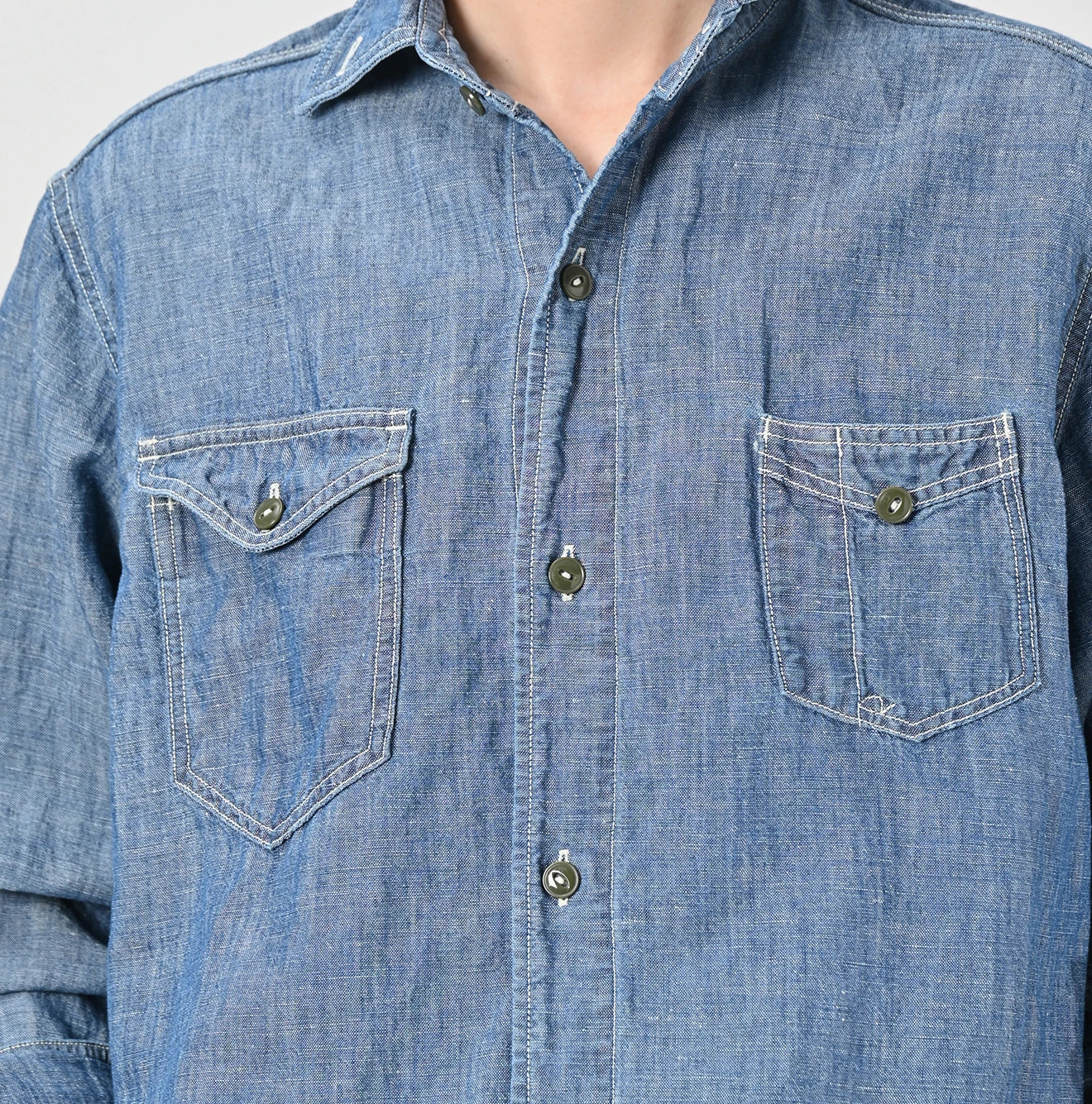 45R(フォーティファイブアール) |綿麻瑠璃ダンガリーの908ガチャポケシャツ（重）