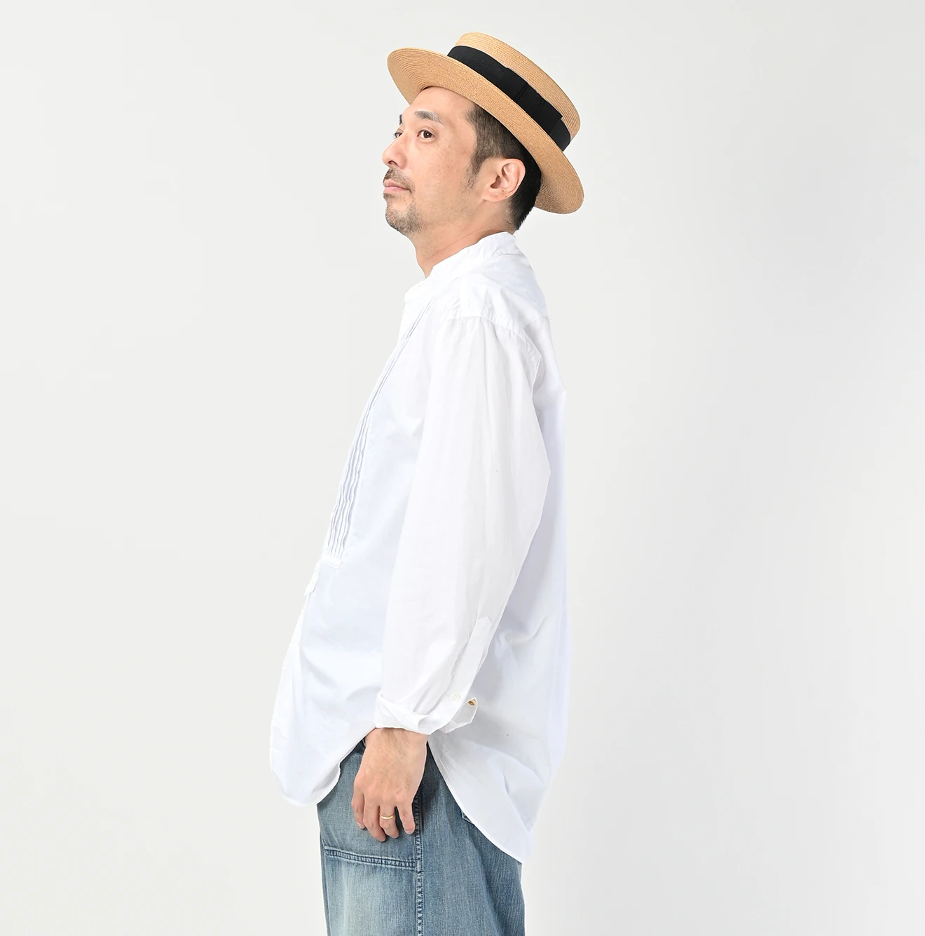 美品 45R インドカディのピンタック908シャツ バンドカラーシャツ◆ホワイト 45R（フォーティファイブアール）| バチストの908ピンタックシャツ