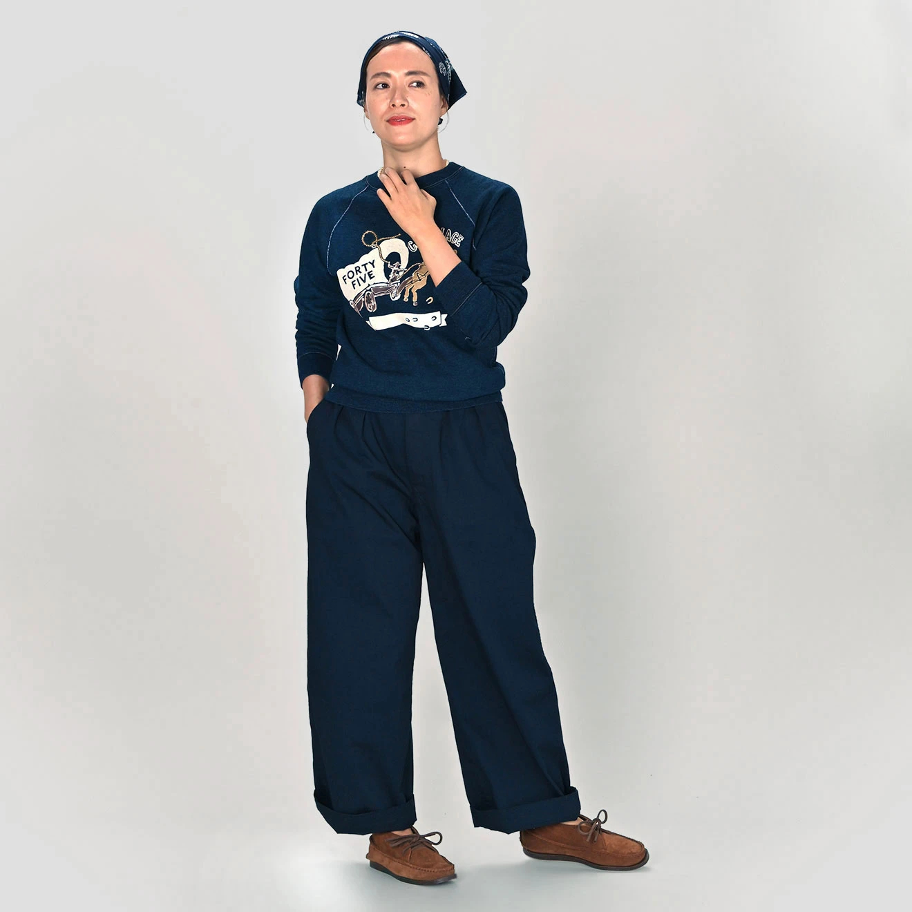 45R(フォーティファイブアール) |幌馬車プリントの908スウェット（インディゴ濃）