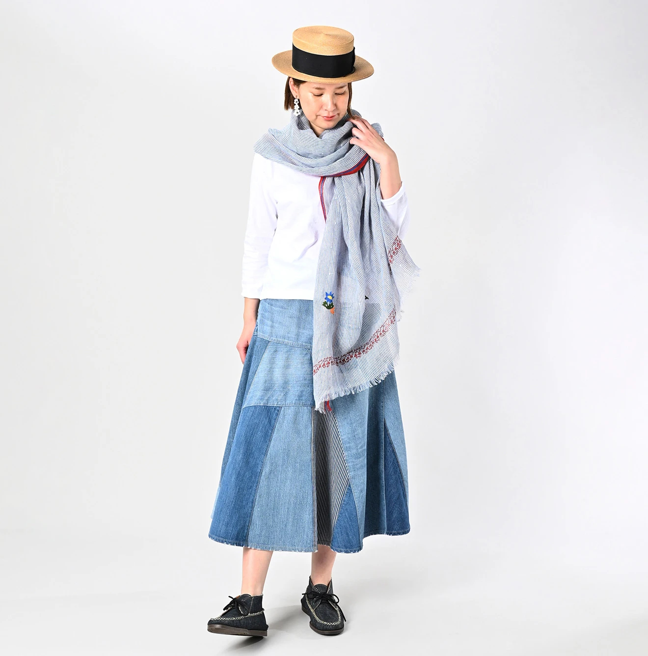 45R(フォーティファイブアール) |インドリネンヒッコリーの刺繍ストール