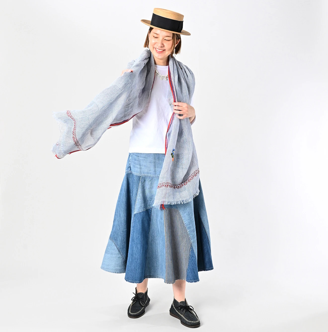 45R(フォーティファイブアール) |インドリネンヒッコリーの刺繍ストール