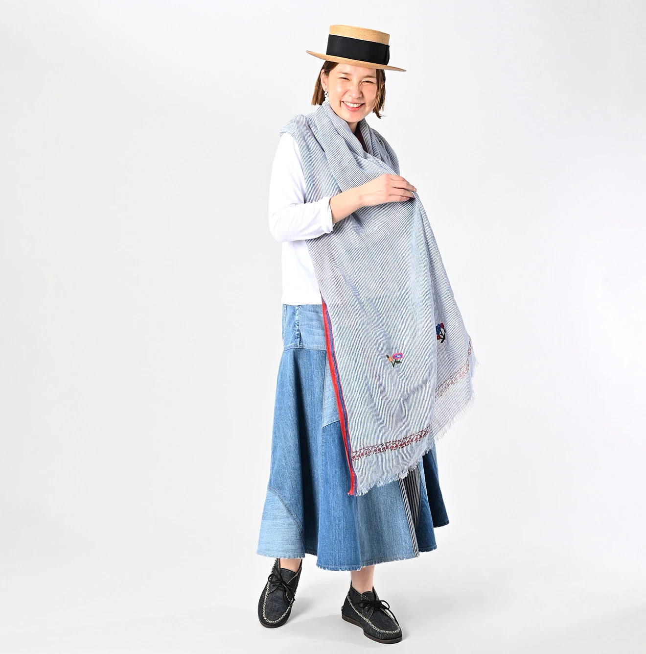 45R(フォーティファイブアール) |インドリネンヒッコリーの刺繍ストール