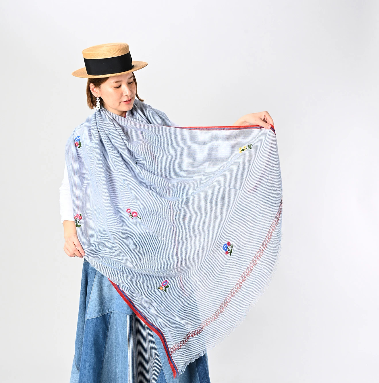 45R(フォーティファイブアール) |インドリネンヒッコリーの刺繍ストール