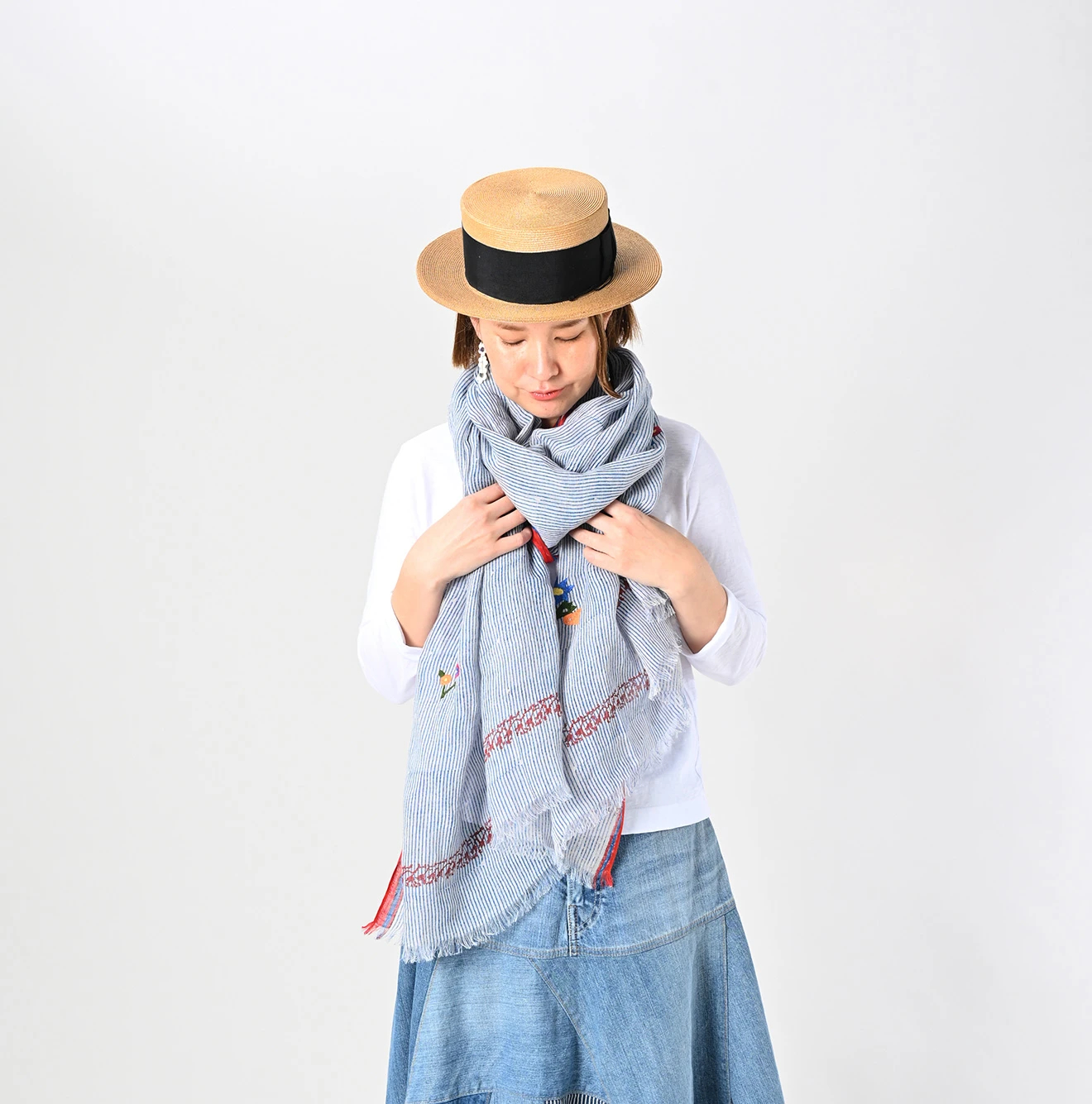 45R(フォーティファイブアール) |インドリネンヒッコリーの刺繍ストール