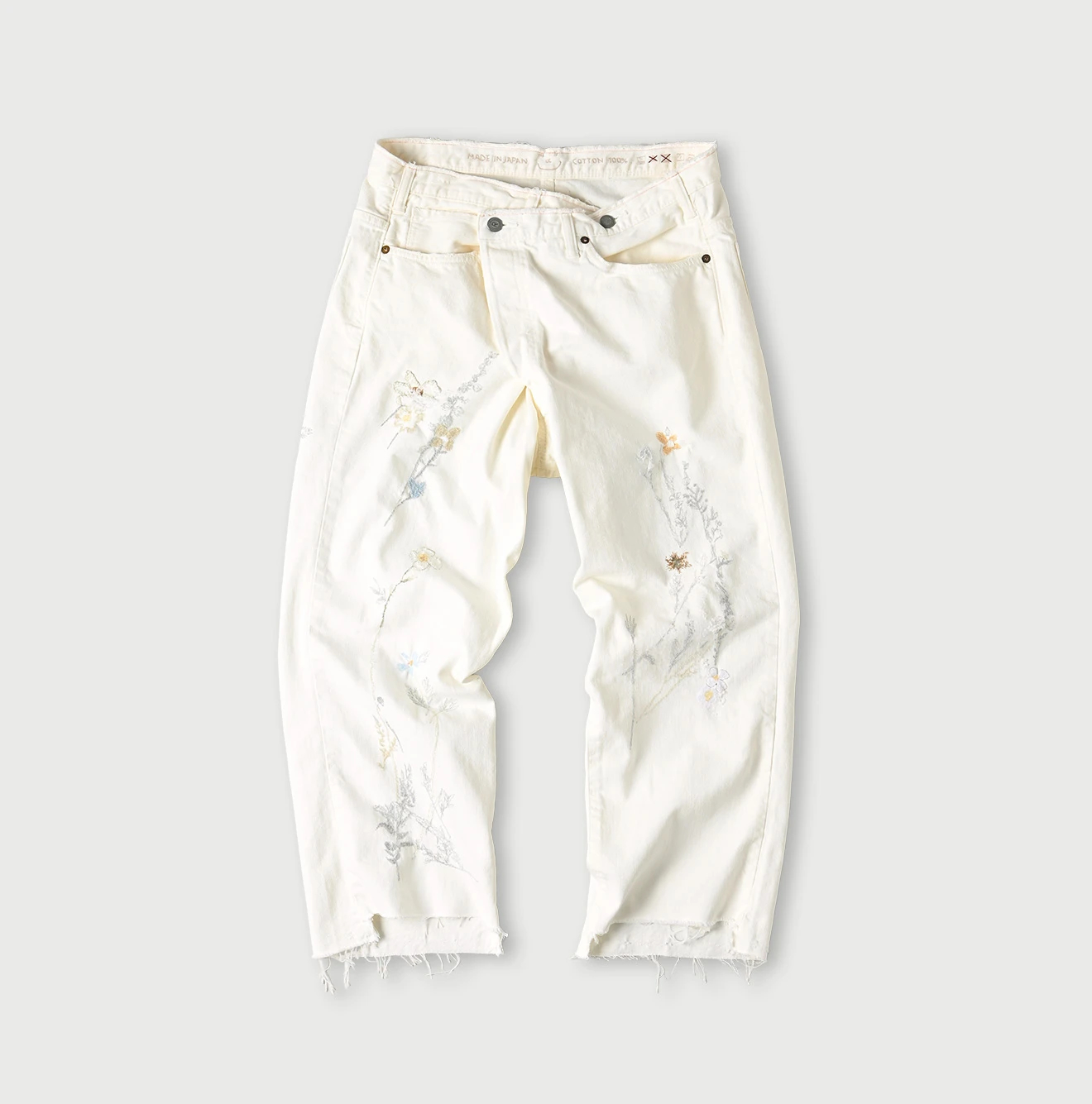 45R(フォーティファイブアール) |ライ麦ホワイトデニムのクロスオーバーパンツ遖加工（アネモネ刺繍）