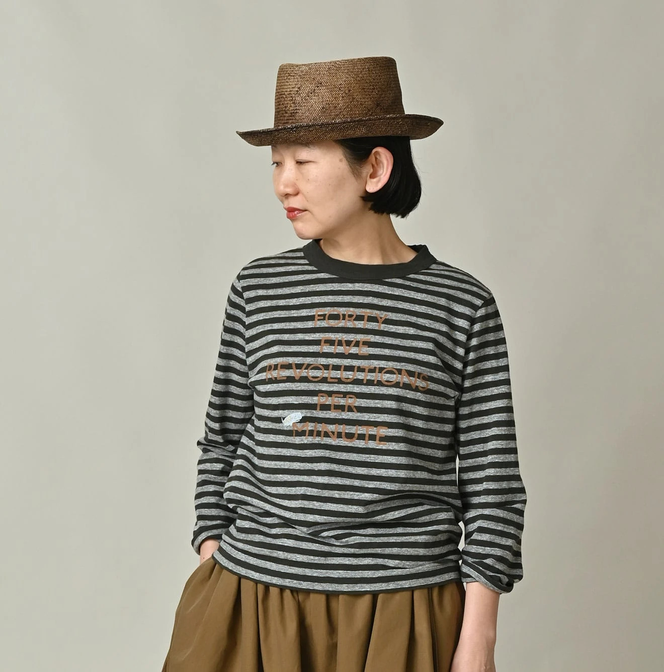 45Rボーダー天竺プリントの四角Tシャツ（トップ） 45R（フォーティファイブアール）| ボーダー天竺プリントの四角Tシャツ