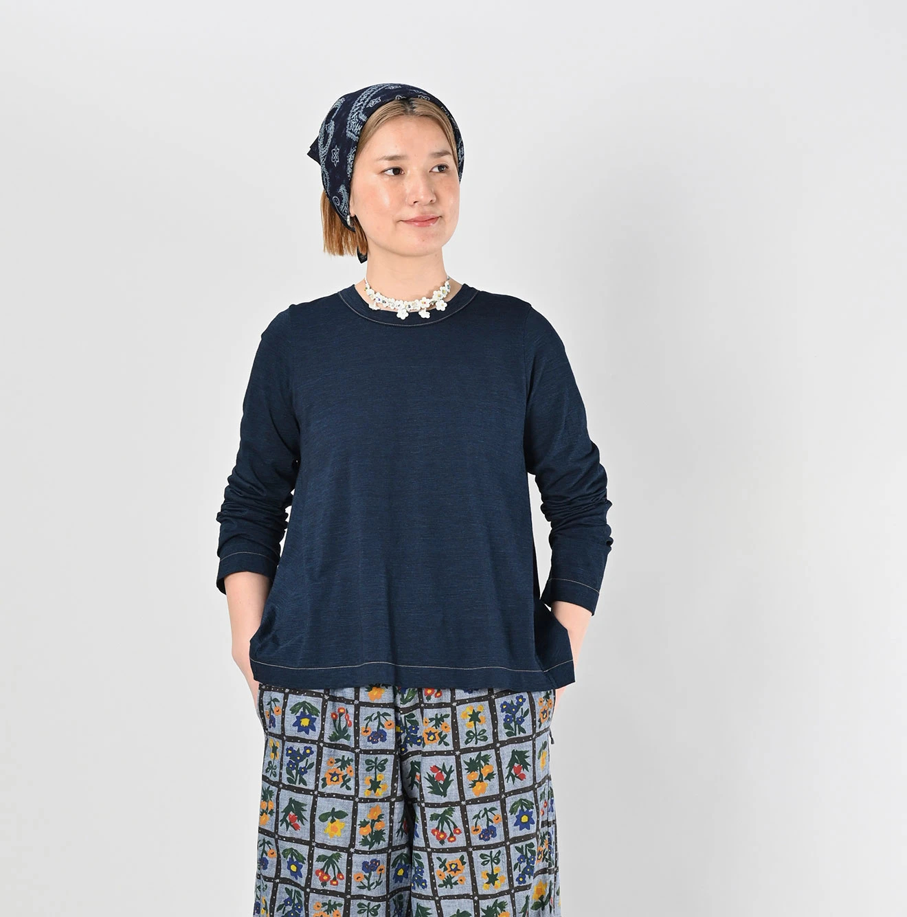 未使用45R スーピマ天竺のフレアTシャツ(インディゴ) M 47,300円 45R（フォーティファイブアール）| スーピマ天竺のフレアTシャツ