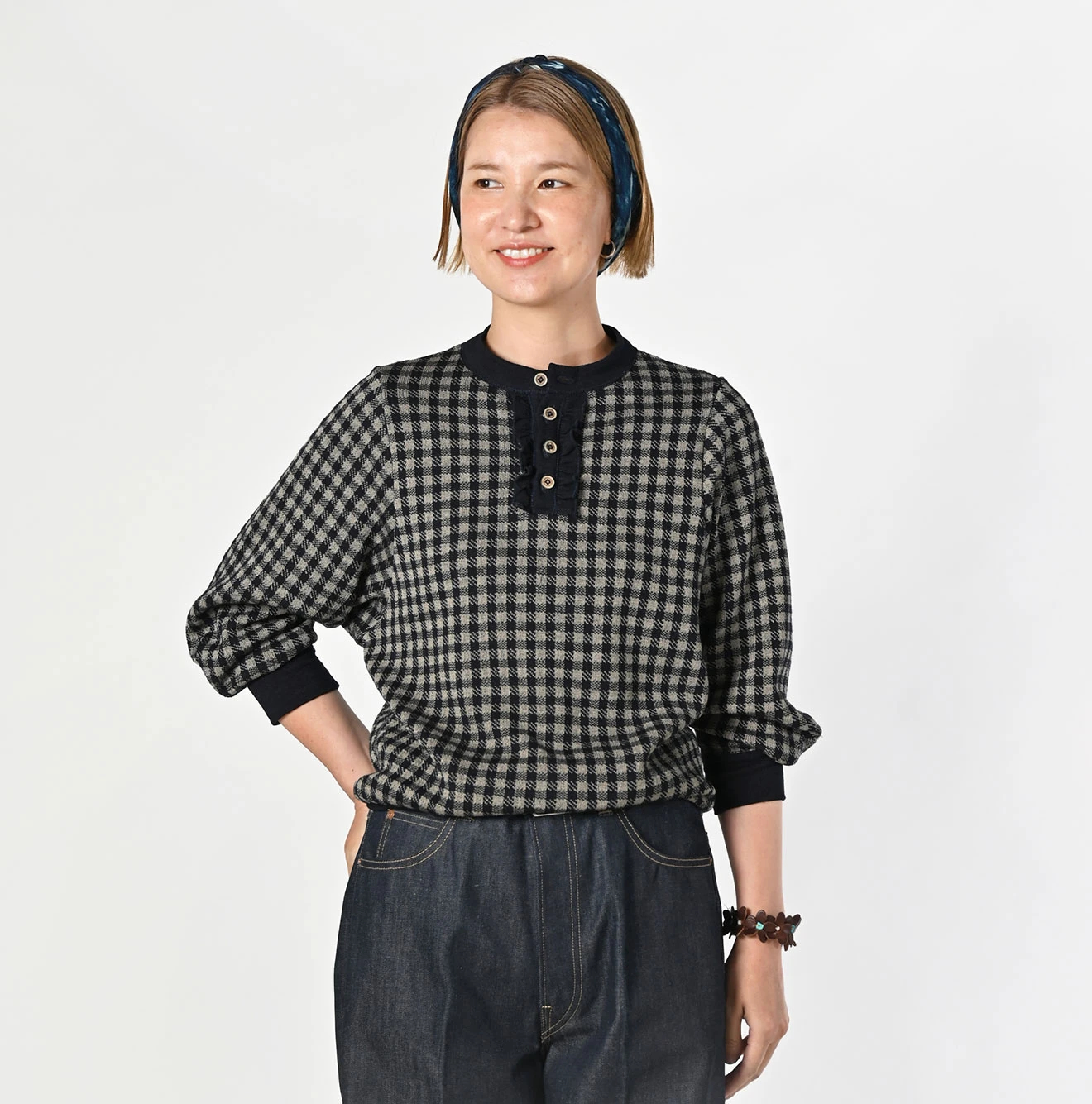 45R(フォーティファイブアール) |ギンガムジャカードのポロパフ（インディゴ）