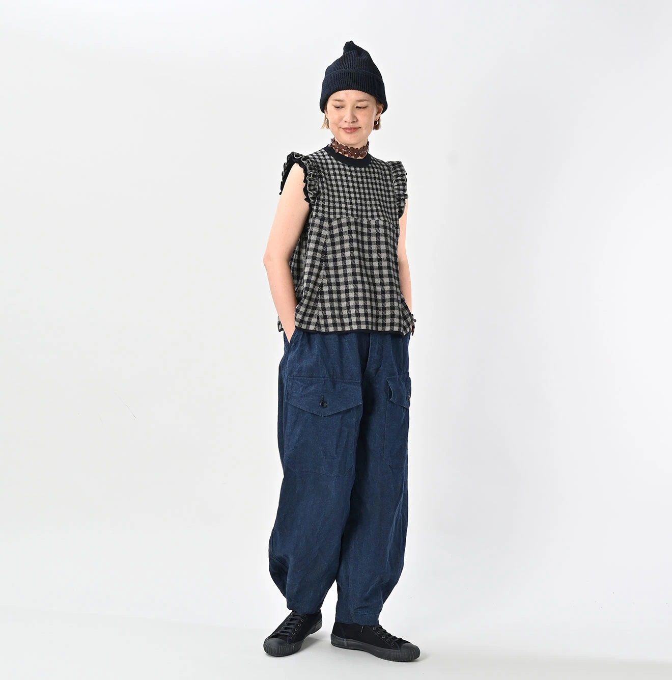 45R(フォーティファイブアール) |ギンガムジャカードのノースリーブキャミ（インディゴ）