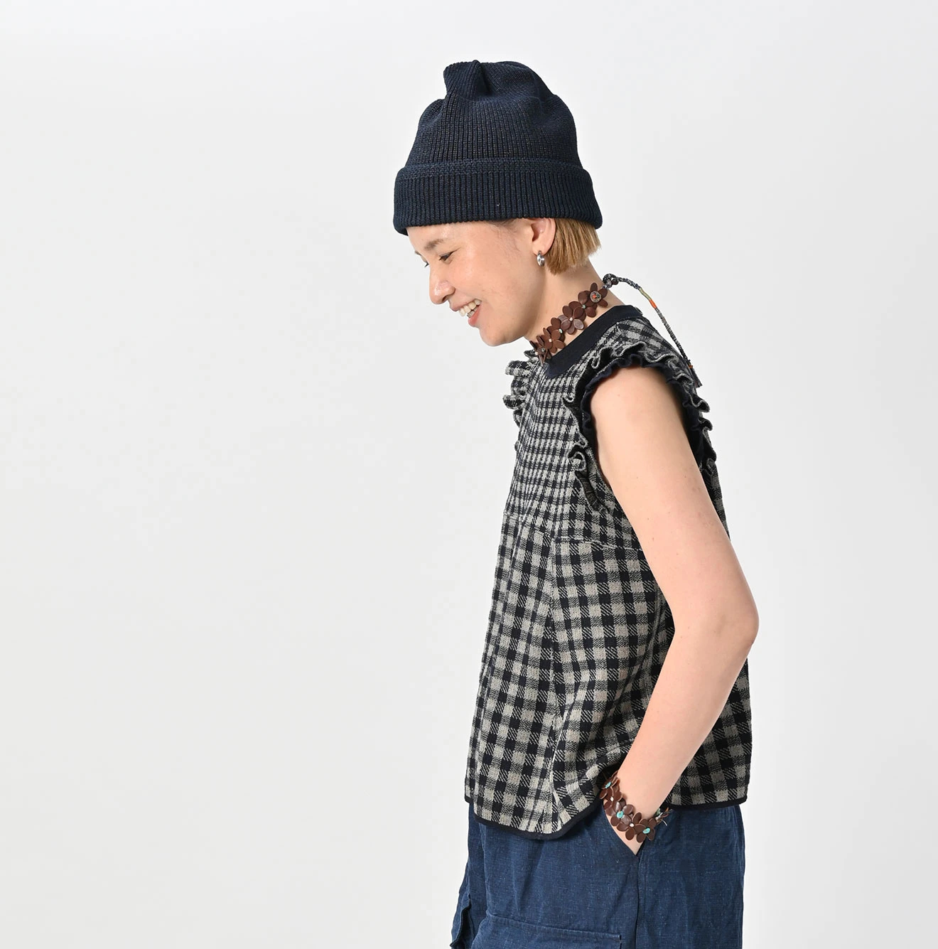 45R(フォーティファイブアール) |ギンガムジャカードのノースリーブキャミ（インディゴ）