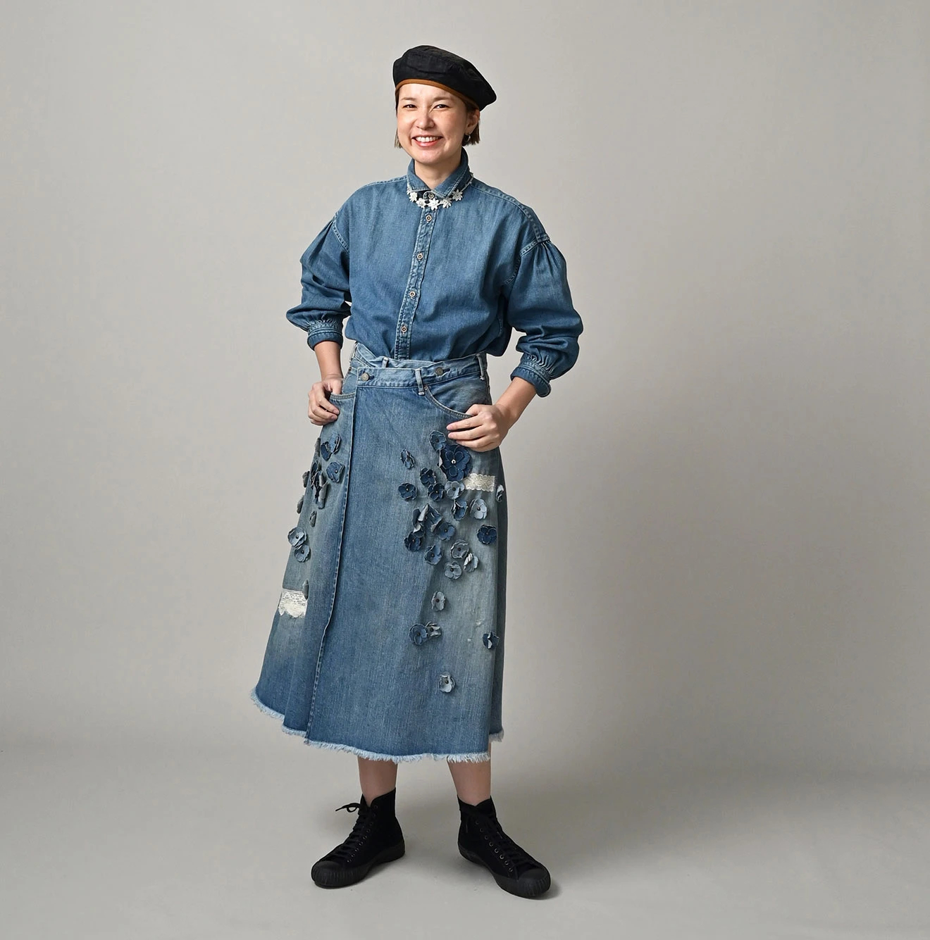 45R(フォーティファイブアール) |ライ麦デニムのクロスオーバースカート遖加工（フルール・清）