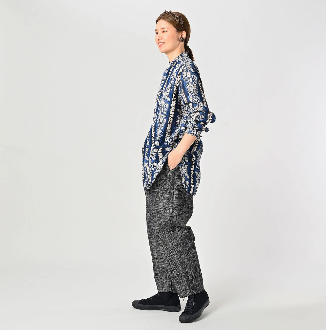 45R(フォーティファイブアール) |インドストライプフラワーブロックプリントの908スタンドグランパプルシャツ