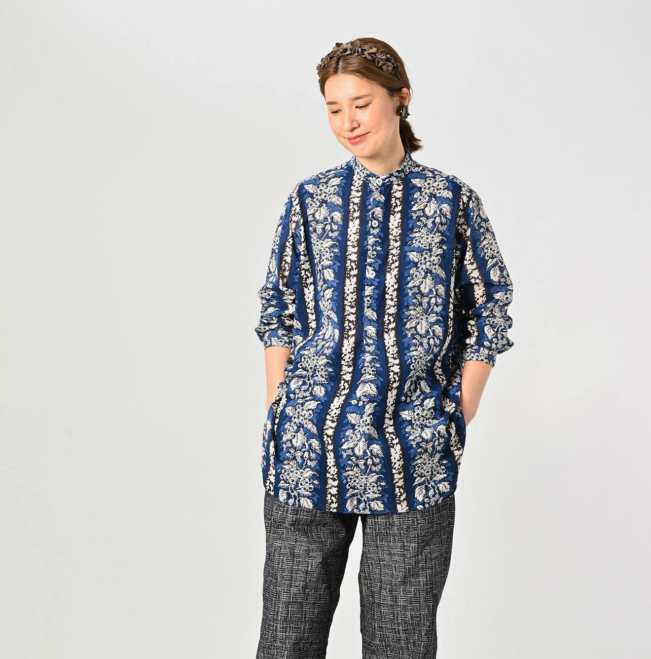 45R(フォーティファイブアール) |インドストライプフラワーブロックプリントの908スタンドグランパプルシャツ