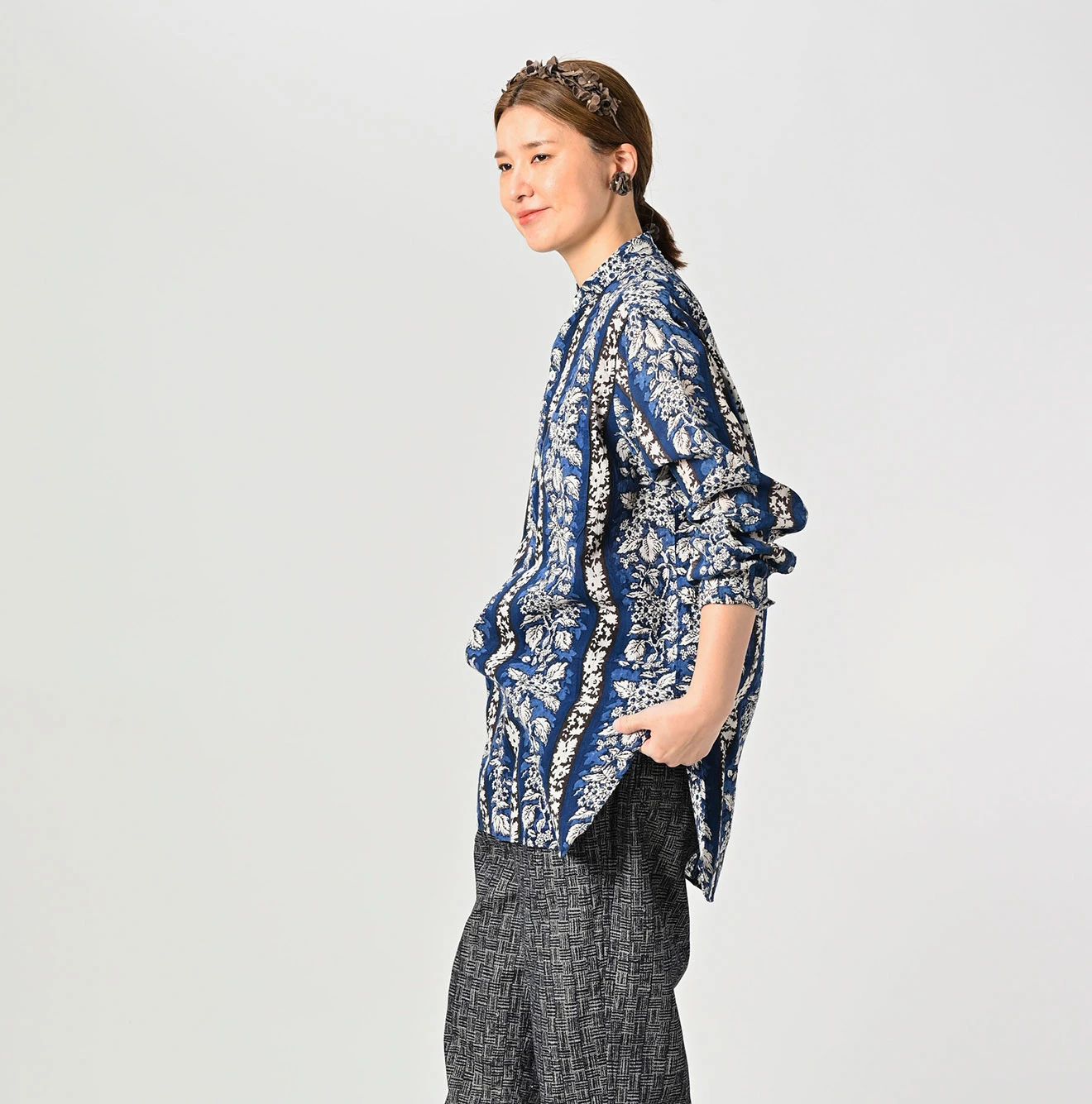 45R(フォーティファイブアール) |インドストライプフラワーブロックプリントの908スタンドグランパプルシャツ