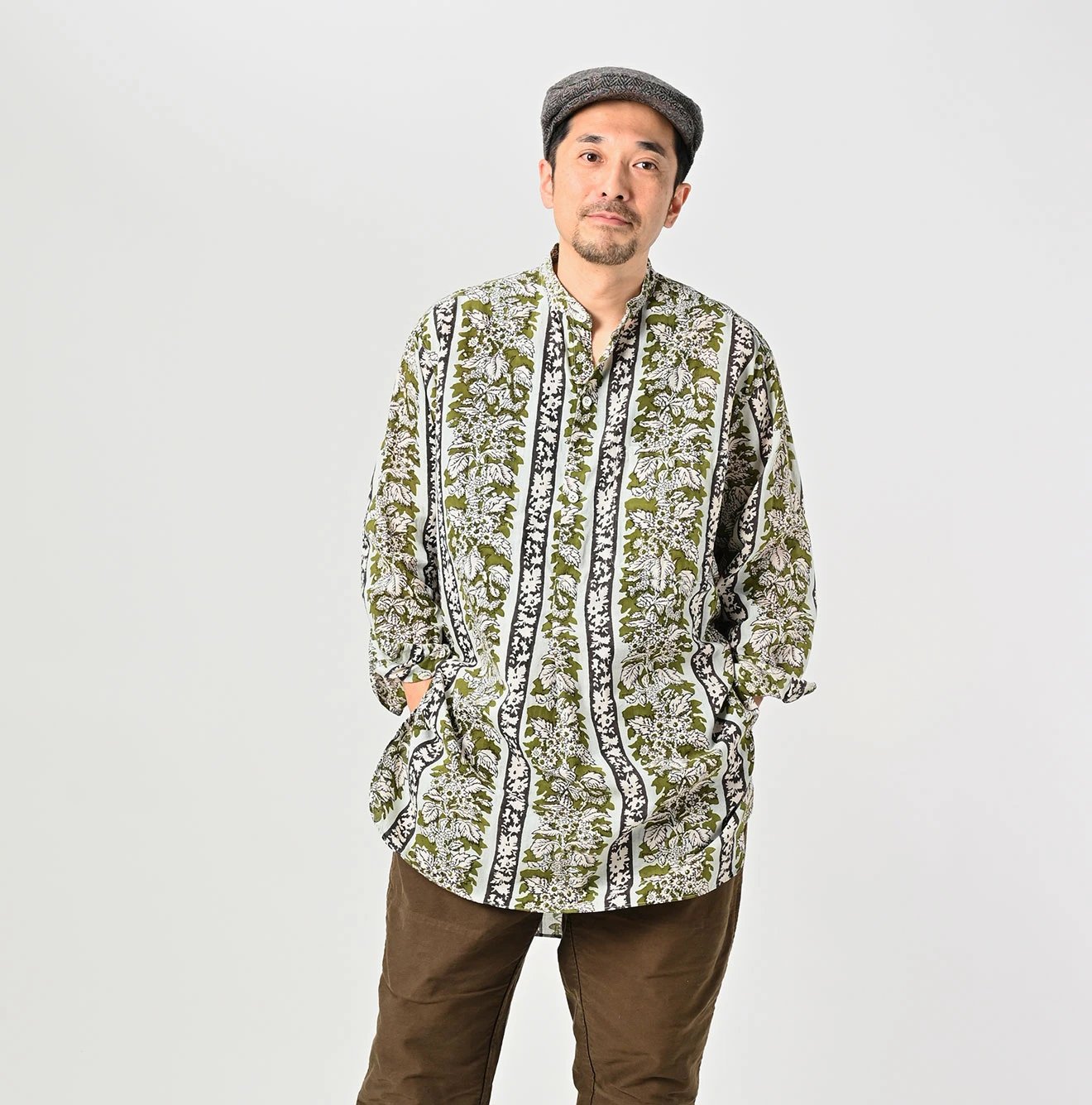 45R(フォーティファイブアール) |インドストライプフラワーブロックプリントの908スタンドグランパプルシャツ