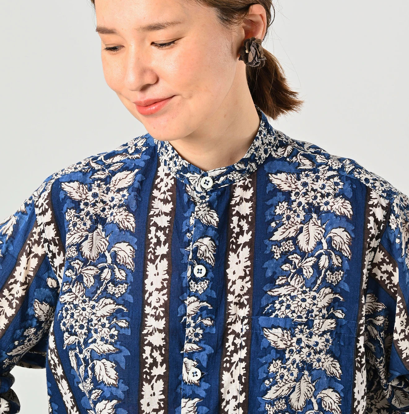 45R(フォーティファイブアール) |インドストライプフラワーブロックプリントの908スタンドグランパプルシャツ