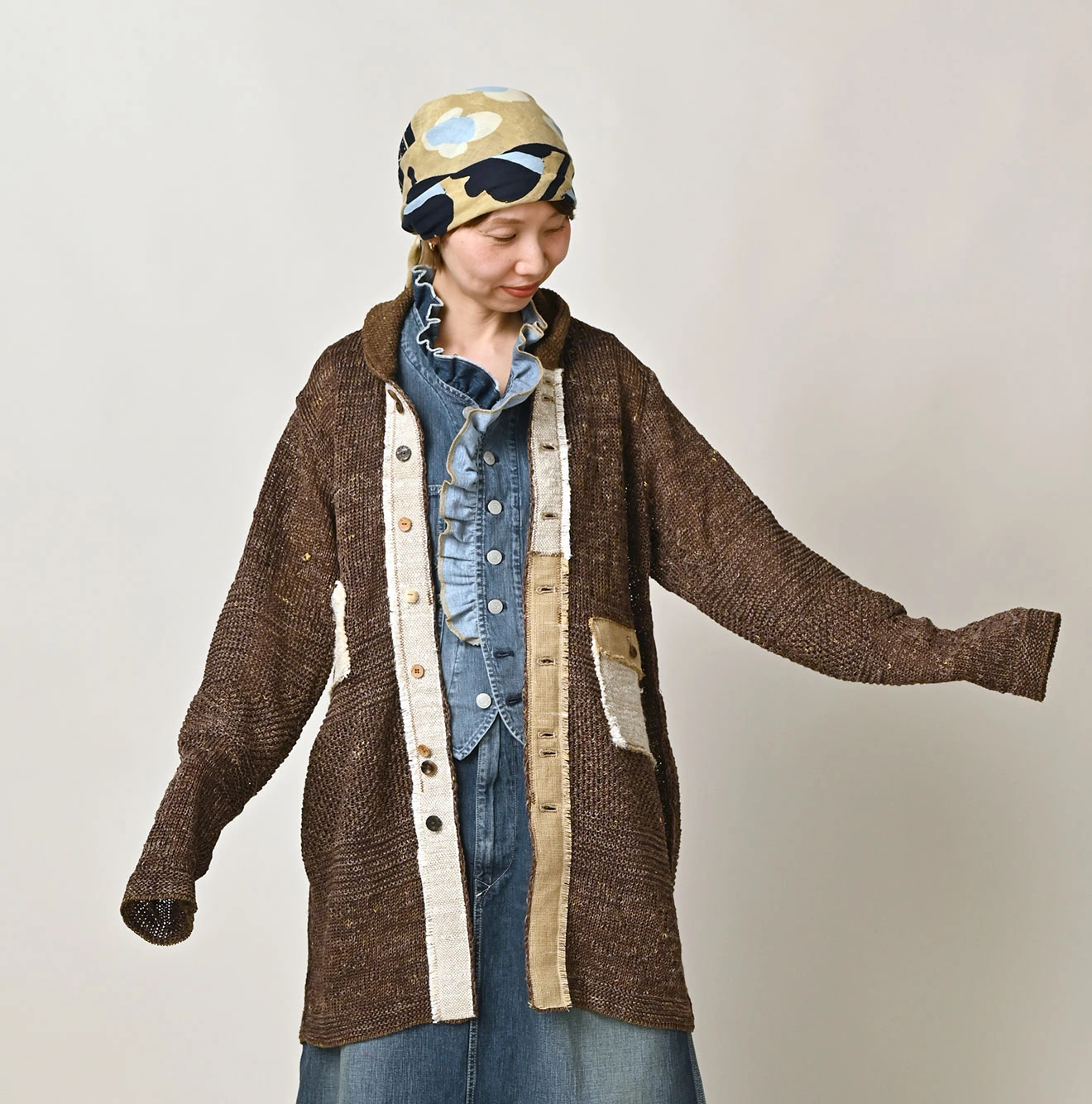 45R(フォーティファイブアール) |リネンギマのパッチワークロングカーディガン