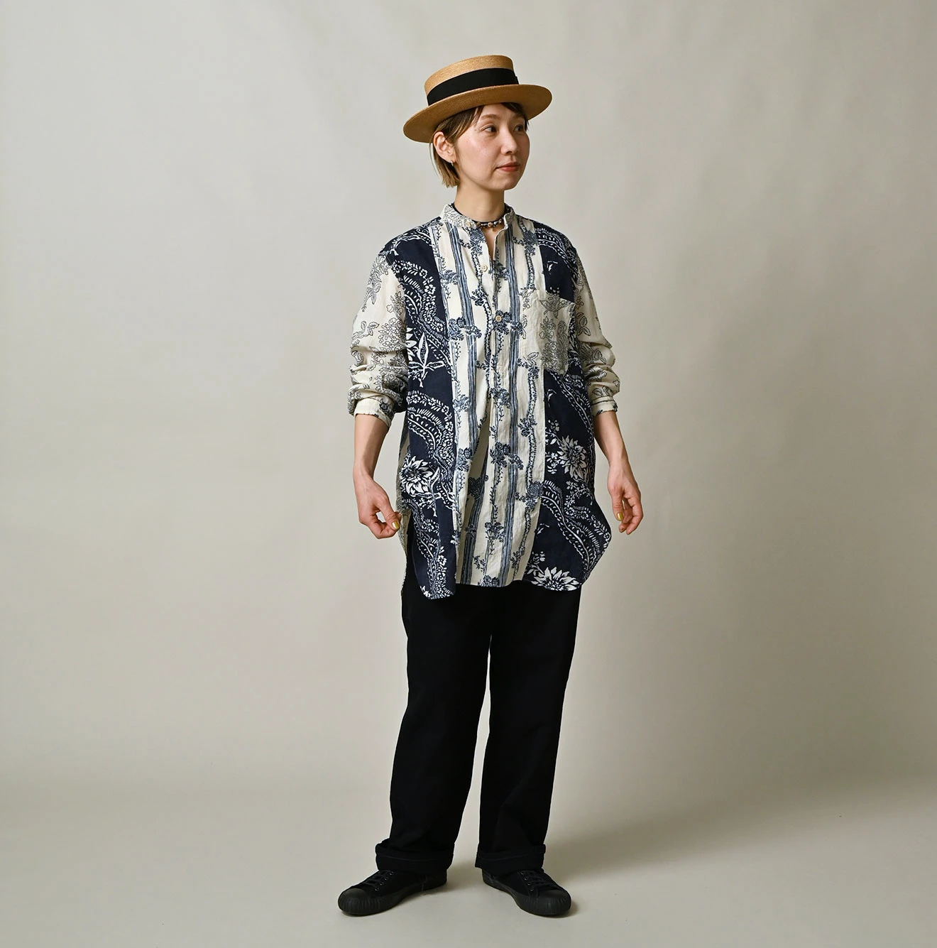 45R(フォーティファイブアール) |インドカディブロックプリントの908パッチワークグランパプルシャツ