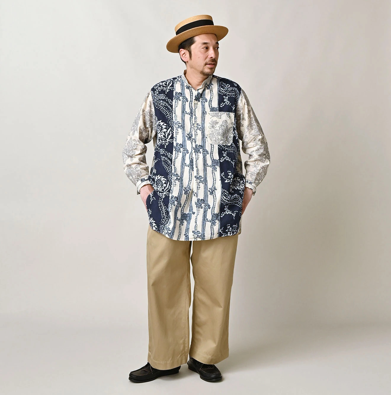 45R(フォーティファイブアール) |インドカディブロックプリントの908パッチワークグランパプルシャツ