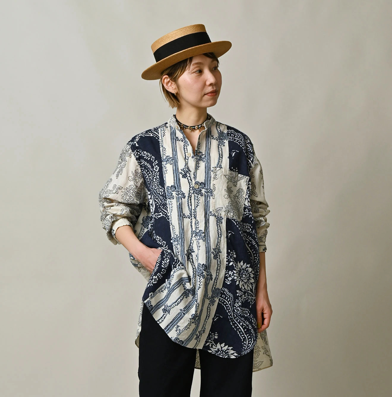 45R(フォーティファイブアール) |インドカディブロックプリントの908パッチワークグランパプルシャツ