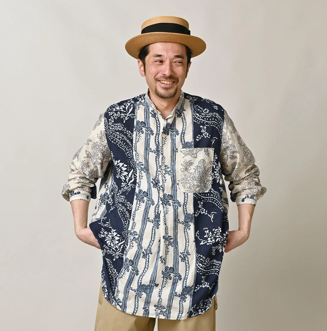 45R(フォーティファイブアール) |インドカディブロックプリントの908パッチワークグランパプルシャツ