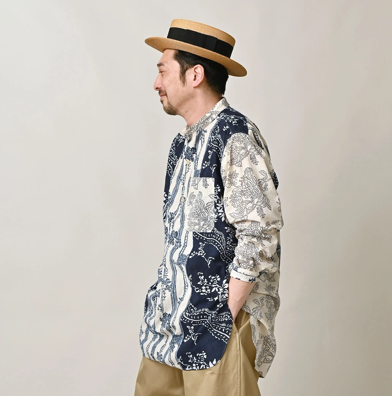 45R(フォーティファイブアール) |インドカディブロックプリントの908パッチワークグランパプルシャツ