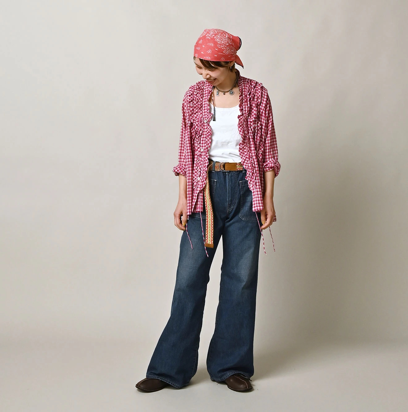 45R(フォーティファイブアール) |ガーゼギンガムのフリルカシュクール