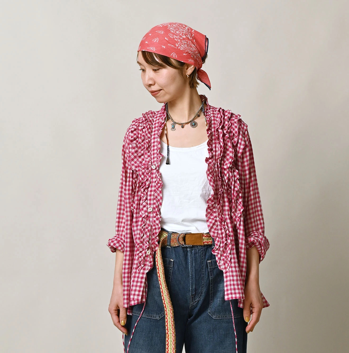 45R(フォーティファイブアール) |ガーゼギンガムのフリルカシュクール