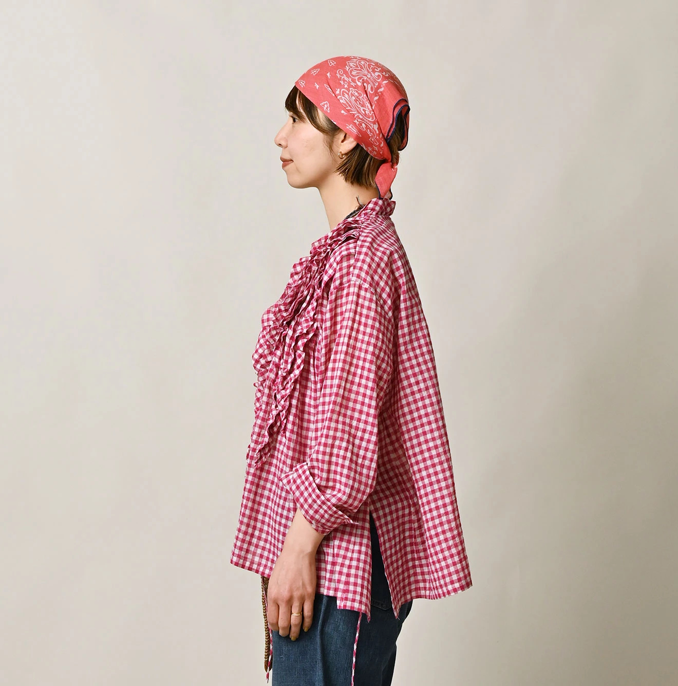 45R(フォーティファイブアール) |ガーゼギンガムのフリルカシュクール