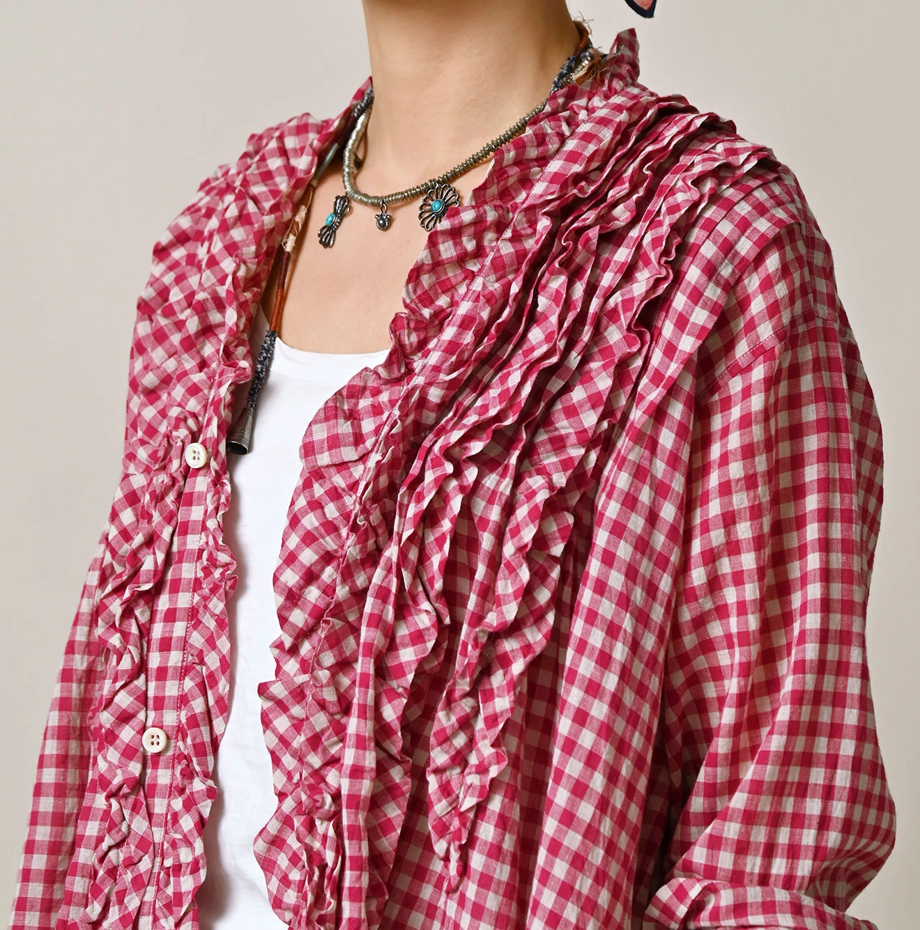 45R(フォーティファイブアール) |ガーゼギンガムのフリルカシュクール