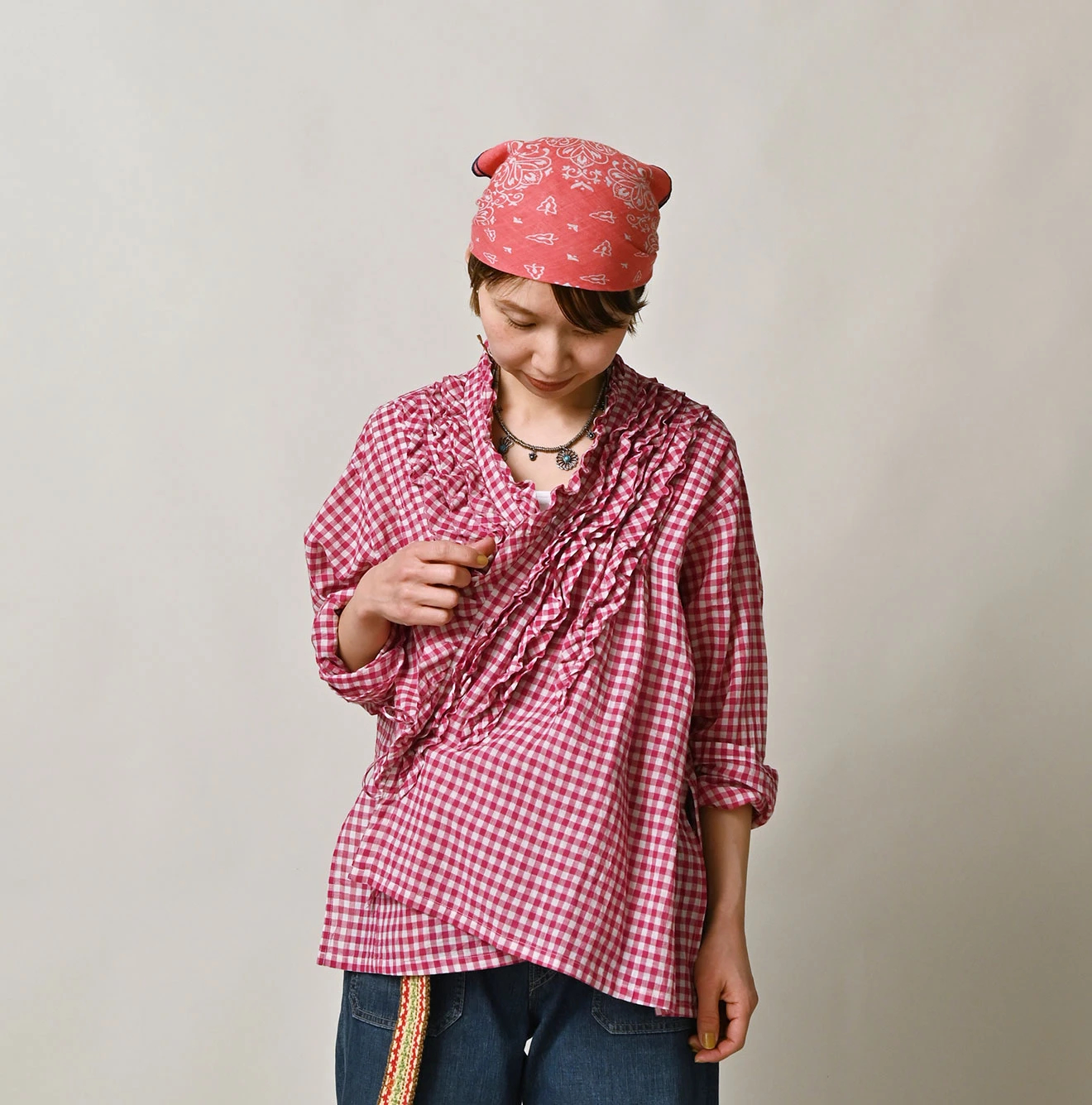 45R(フォーティファイブアール) |ガーゼギンガムのフリルカシュクール