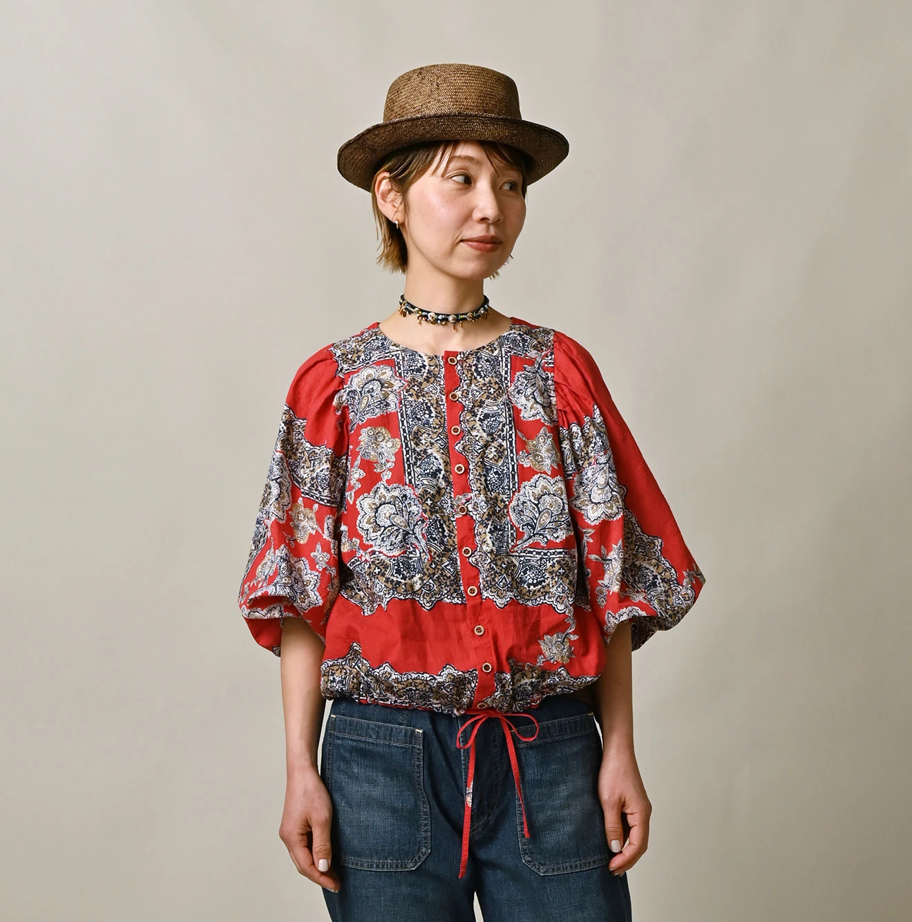 45R(フォーティファイブアール) |インドカディバンダナペイズリープリントのパフブラウス