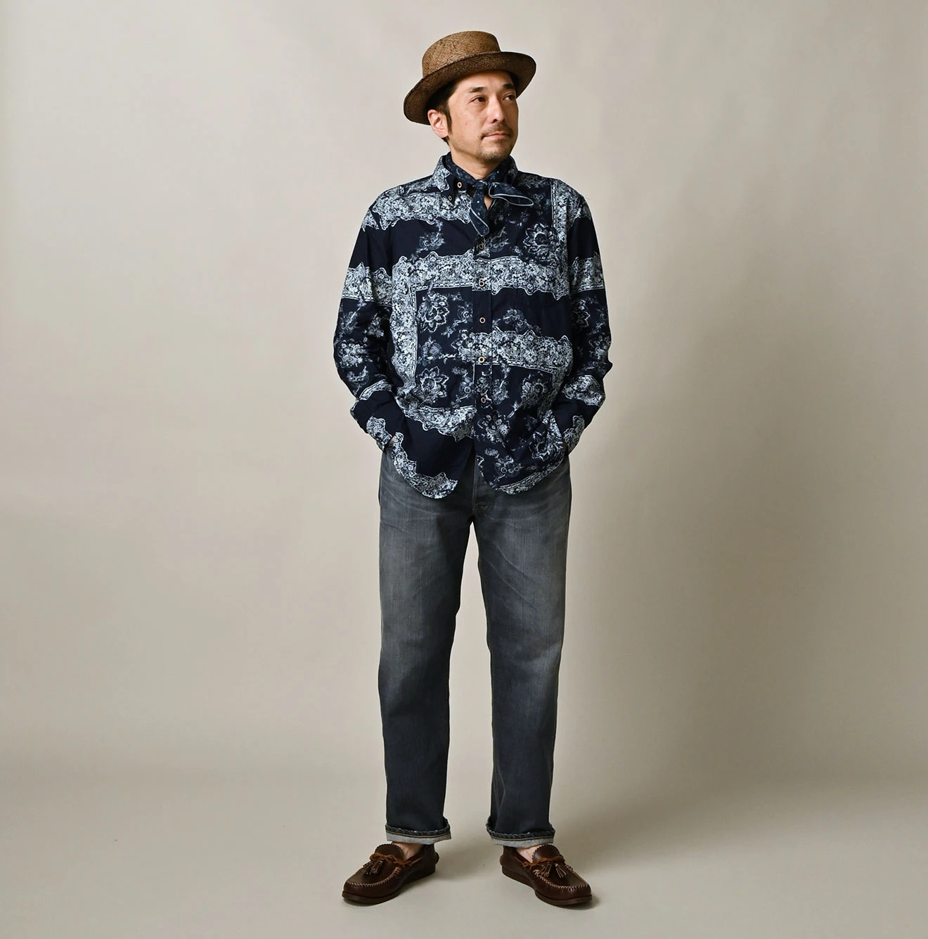 45R(フォーティファイブアール) |インドカディペイズリー更紗プリントの908ローファーシャツ（インディゴ）