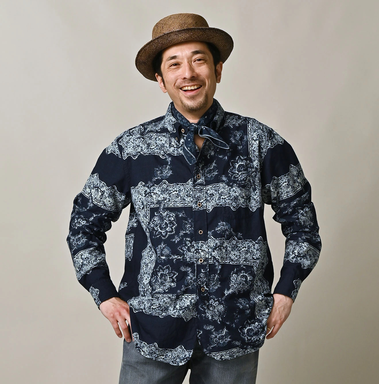 45R(フォーティファイブアール) |インドカディペイズリー更紗プリントの908ローファーシャツ（インディゴ）