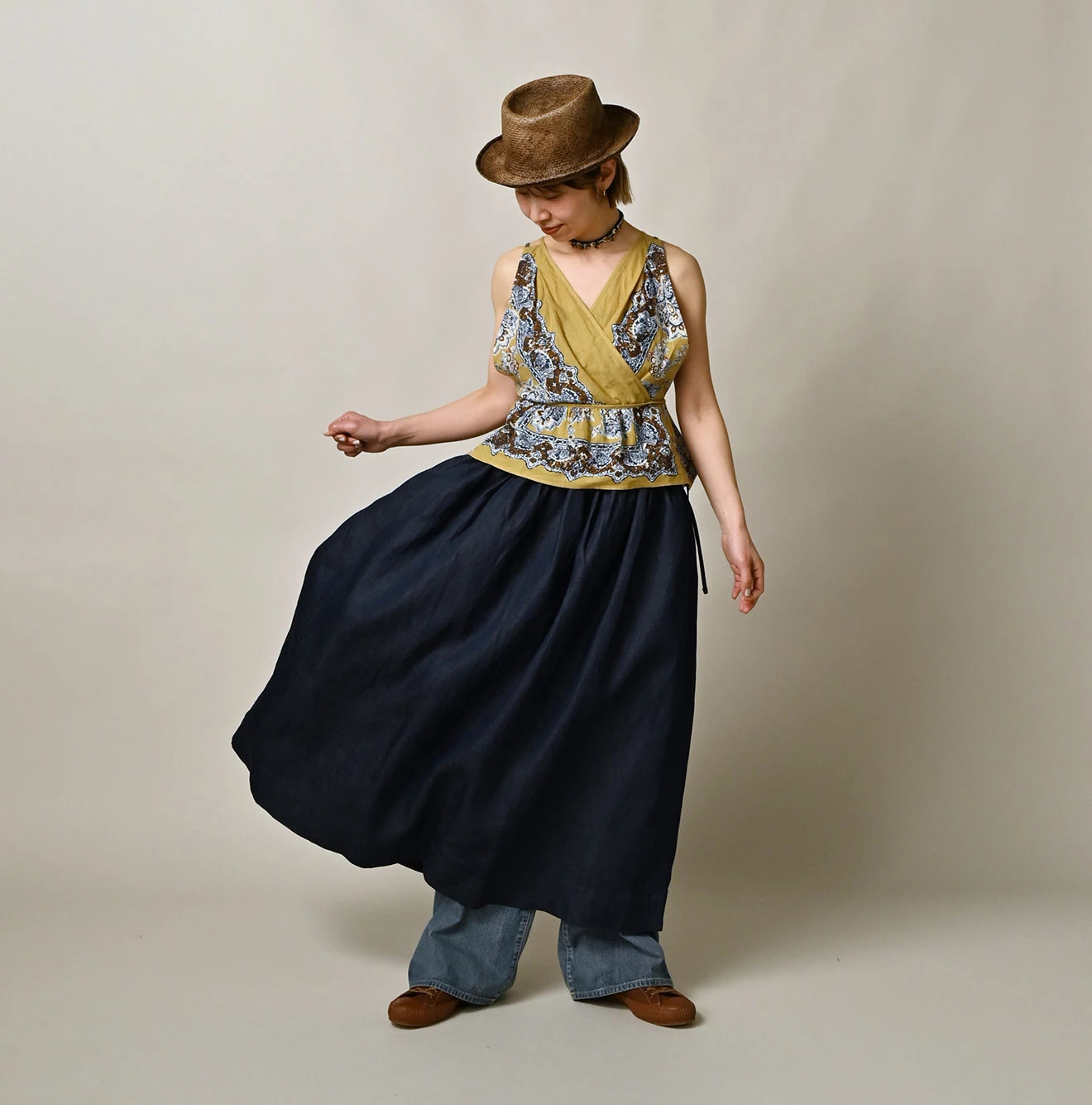 45R(フォーティファイブアール) |ONEONE 宝物のイージーギャザースカート（インディゴ）