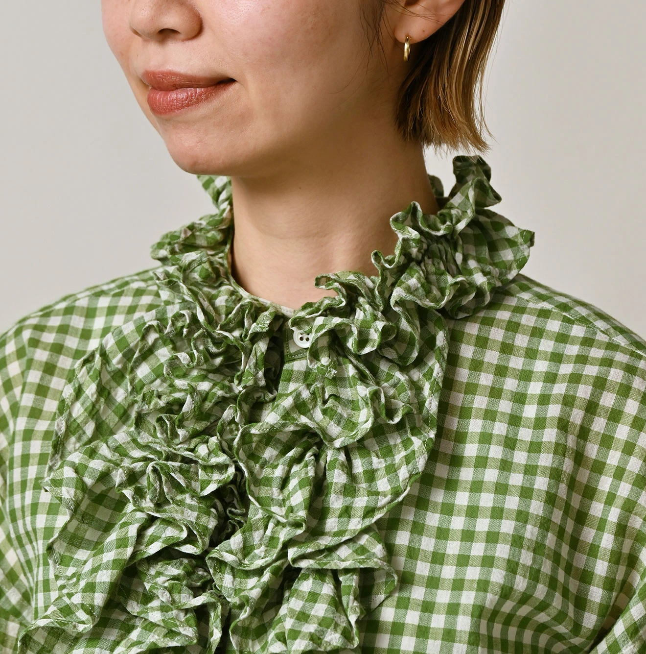 45R(フォーティファイブアール) |ガーゼフリルギンガムの長袖クッペシャツ