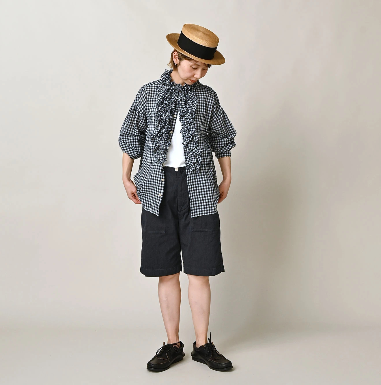 45R(フォーティファイブアール) |ガーゼギンガムのフリル長袖クッペシャツ（インディゴ）