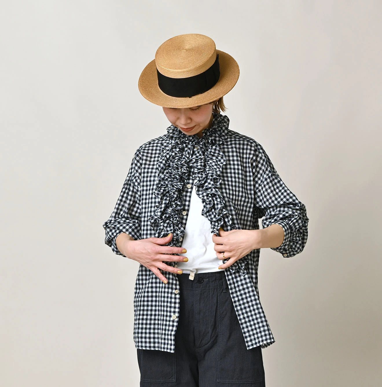 45R(フォーティファイブアール) |ガーゼギンガムのフリル長袖クッペシャツ（インディゴ）