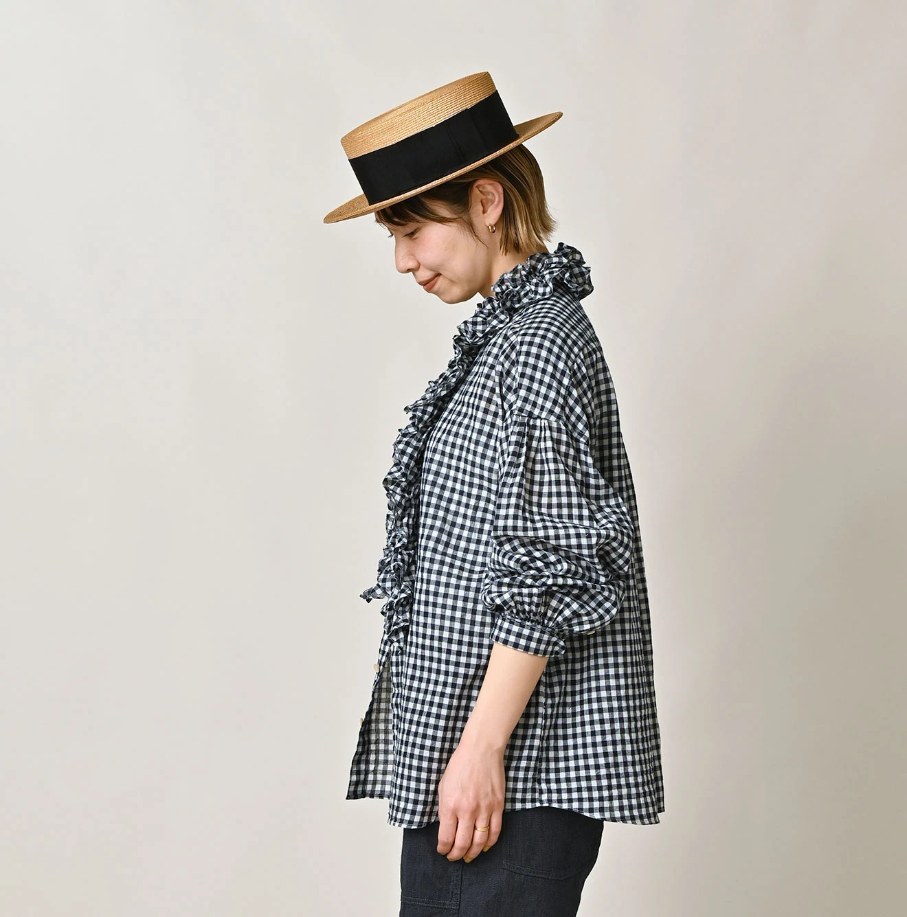 45R(フォーティファイブアール) |ガーゼギンガムのフリル長袖クッペシャツ（インディゴ）