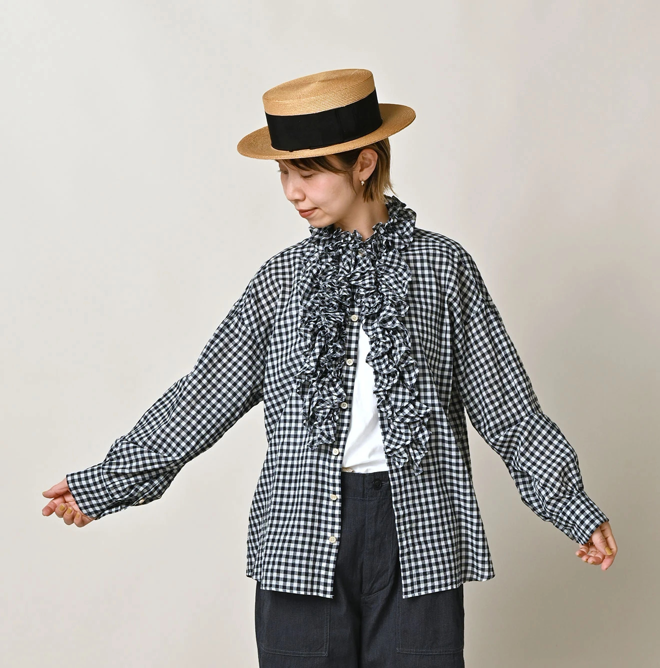 45R(フォーティファイブアール) |ガーゼギンガムのフリル長袖クッペシャツ（インディゴ）