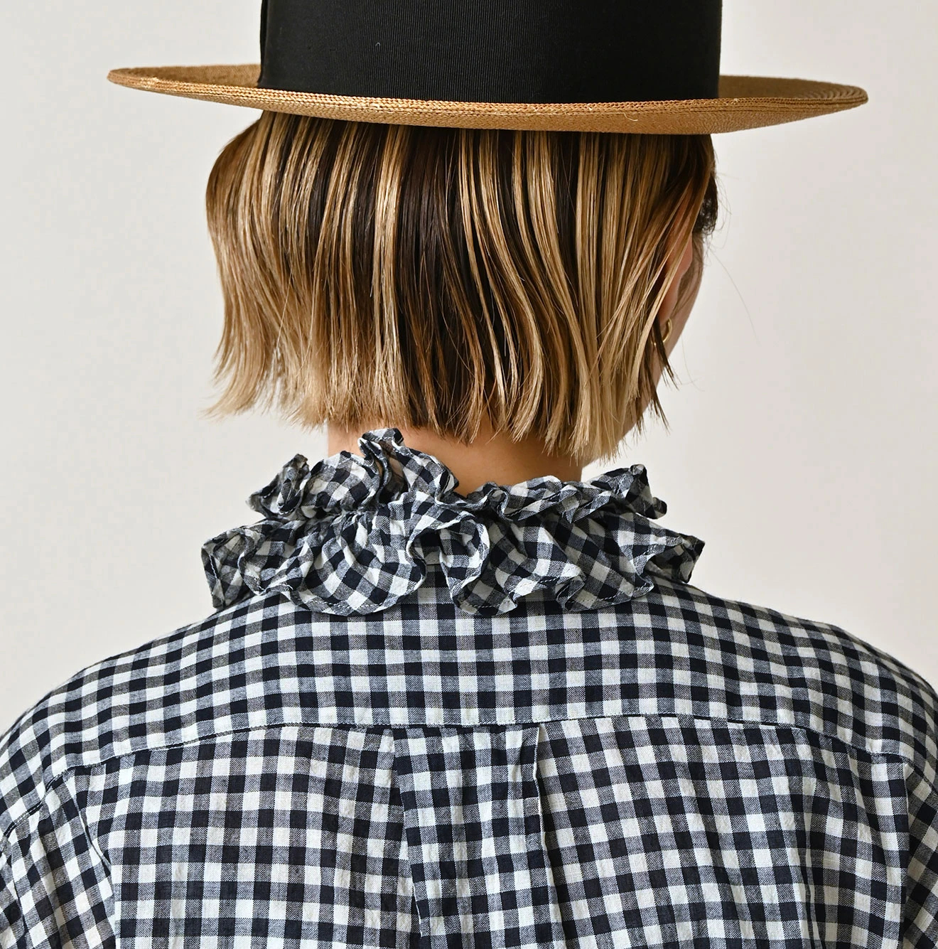 45R(フォーティファイブアール) |ガーゼギンガムのフリル長袖クッペシャツ（インディゴ）