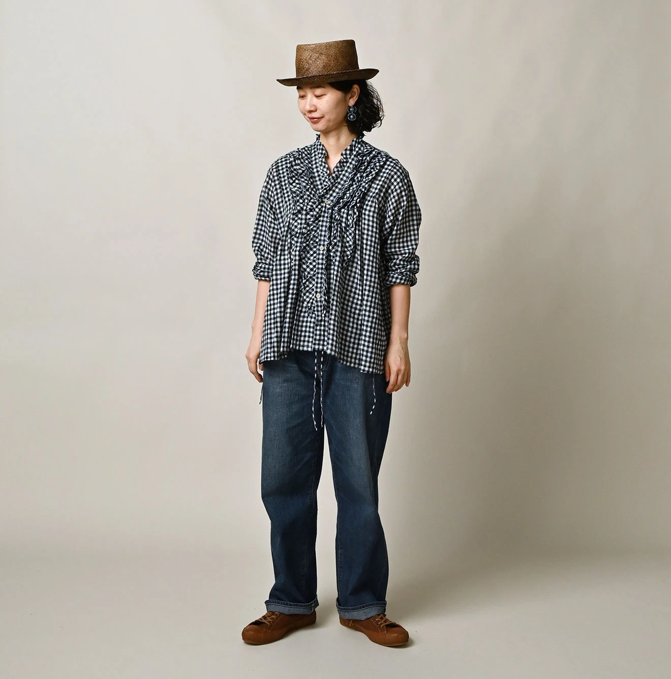 45R(フォーティファイブアール) |ガーゼギンガムのフリルカシュクール（インディゴ）