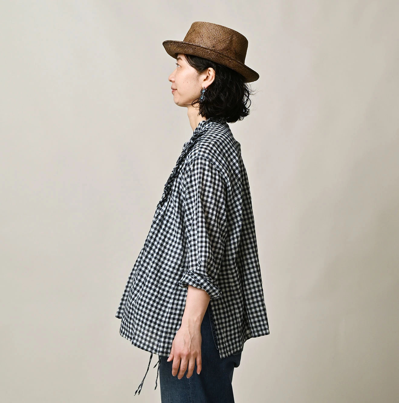 45R(フォーティファイブアール) |ガーゼギンガムのフリルカシュクール（インディゴ）