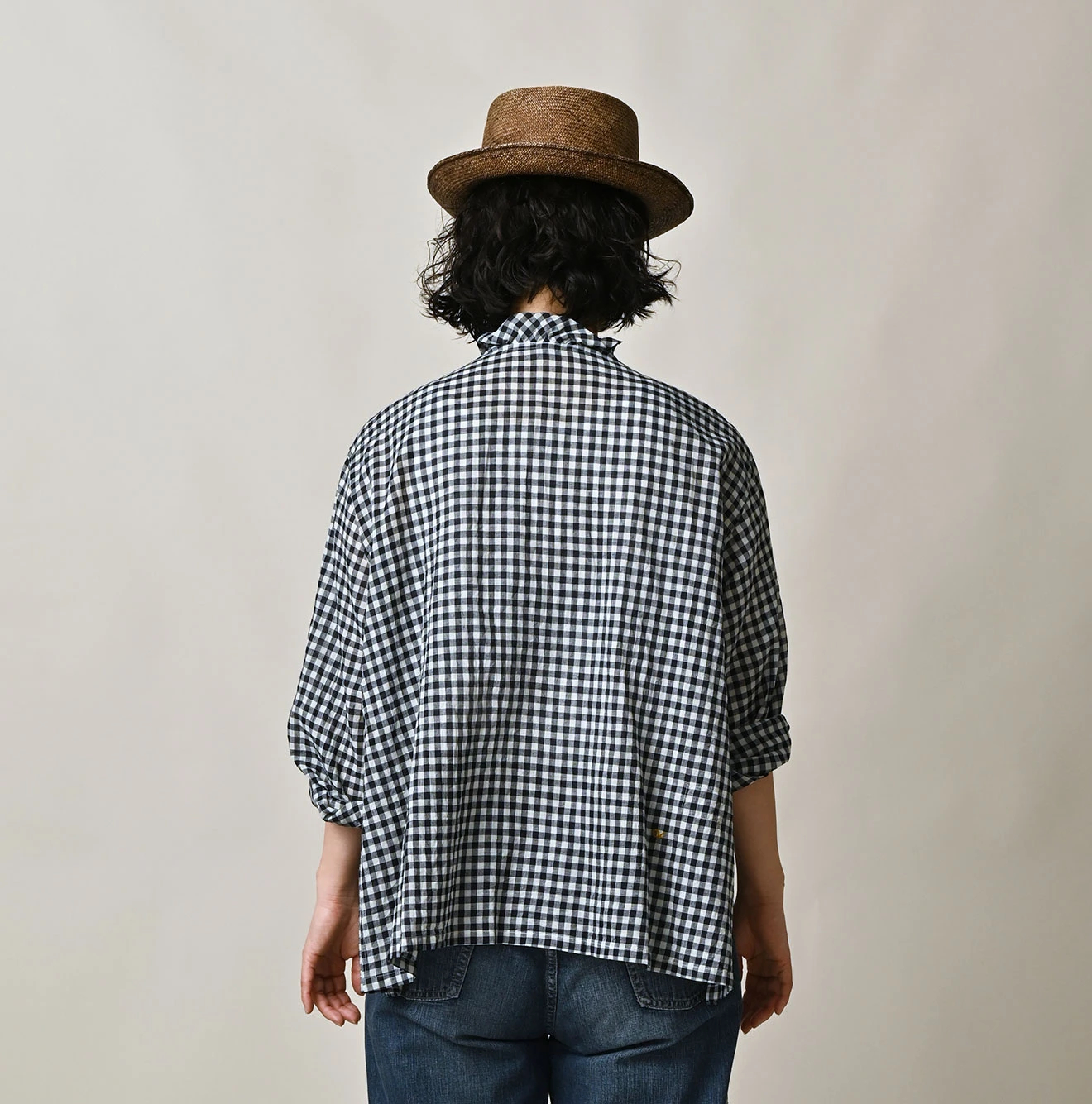 45R(フォーティファイブアール) |ガーゼギンガムのフリルカシュクール（インディゴ）