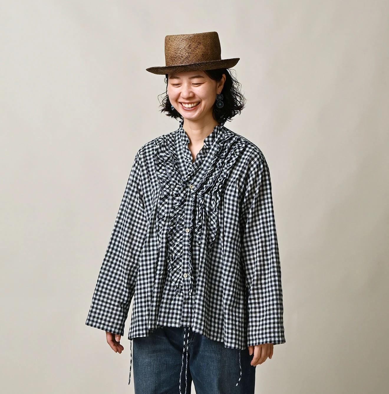 45R(フォーティファイブアール) |ガーゼギンガムのフリルカシュクール（インディゴ）