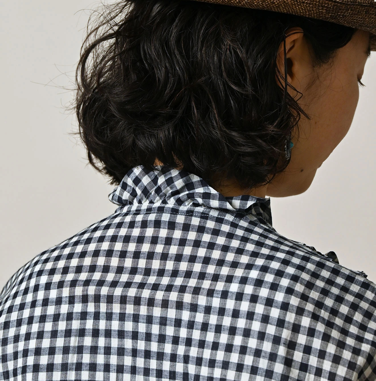 45R(フォーティファイブアール) |ガーゼギンガムのフリルカシュクール（インディゴ）