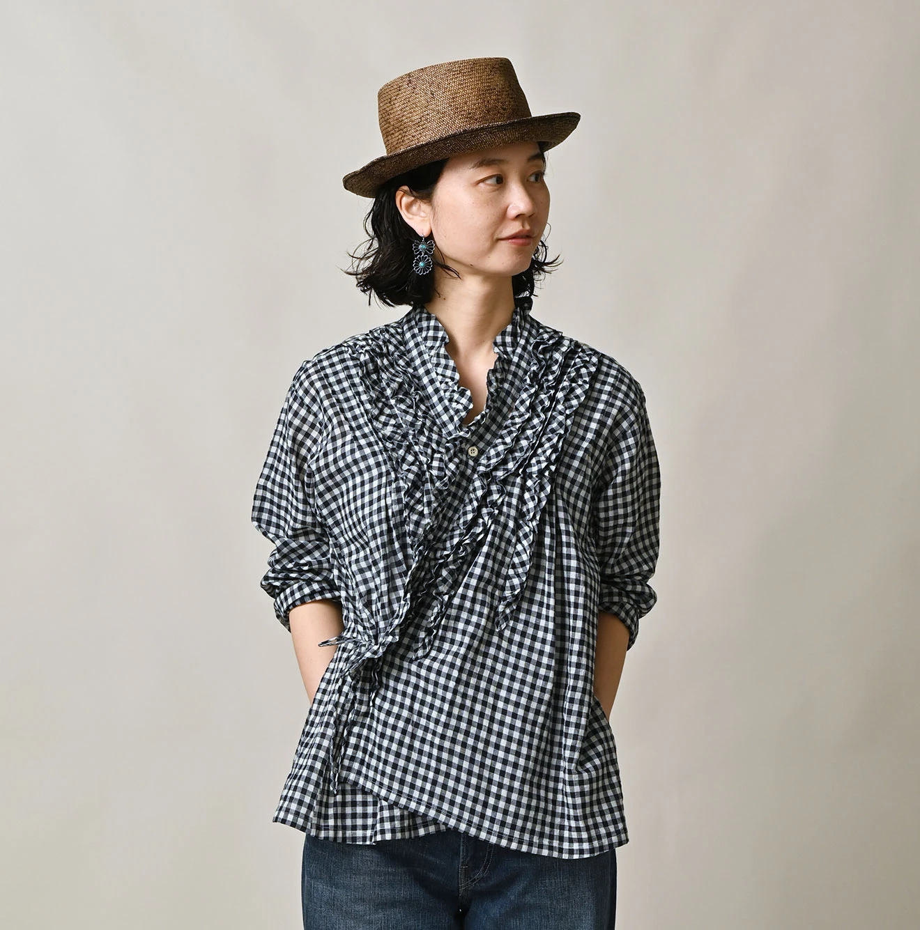 45R(フォーティファイブアール) |ガーゼギンガムのフリルカシュクール（インディゴ）